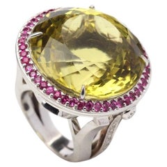 Ring aus 18 Karat Gold Zitronen-Citrin 56 Karat, Diamanten 0,42 Karat und Saphiren 0,90 Karat.