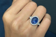 Ring 18kt Gold Oval Blue Sapphire Double Cabochon 6.48 cts. GIA & Diamonds