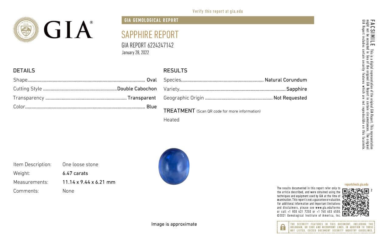 Oval Cut Ring 18kt Gold Oval Blue Sapphire Double Cabochon 6.48 cts. GIA & Diamonds For Sale