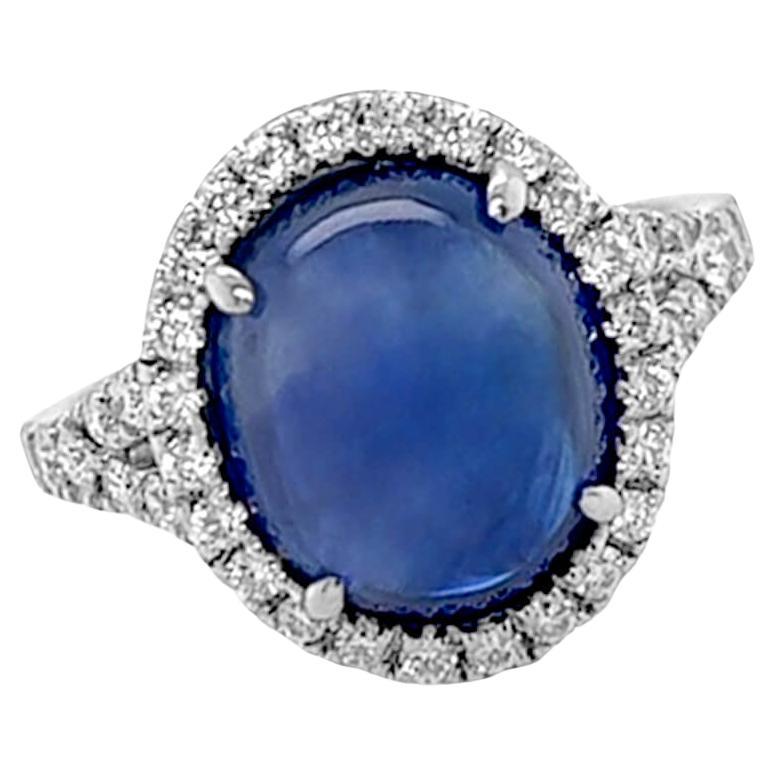 Ring 18kt Gold Oval Blue Sapphire Double Cabochon 6.48 cts. GIA & Diamonds 