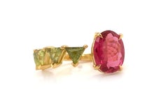 Ring 18kt Gold Oval Rubellite & Green Sapphires