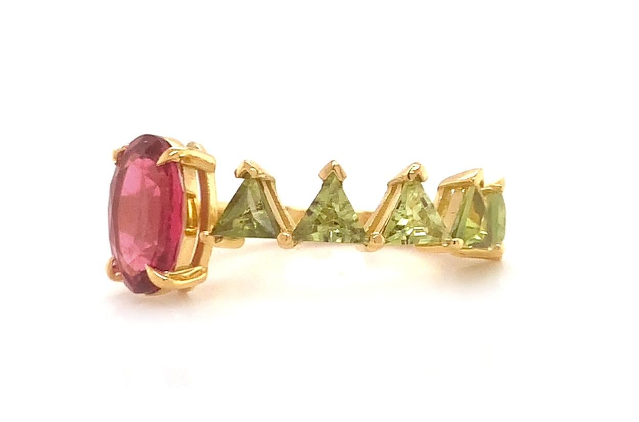 Oval Cut Ring 18kt Gold Oval Rubellite & Green Sapphires For Sale
