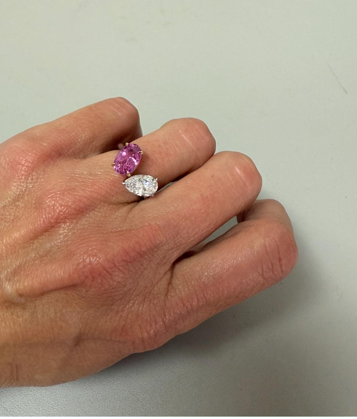 De las mujeres Anillo Oro 18Kt GIA Diamante Pera y Zafiro Rosa Ovalado en venta
