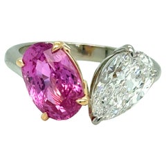 Ring 18Kt Gold GIA Pear Diamond and Oval Pink Sapphire