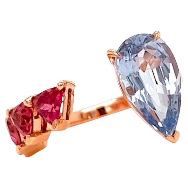 Ring 18kt Gold Pear Sapphire & Trillion Rubellite For Sale