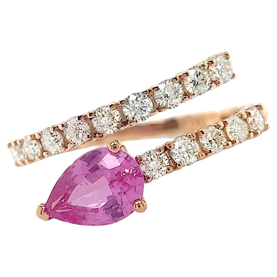 Ring 18kt Gold Pink Sapphire Pear & Diamonds Bypass