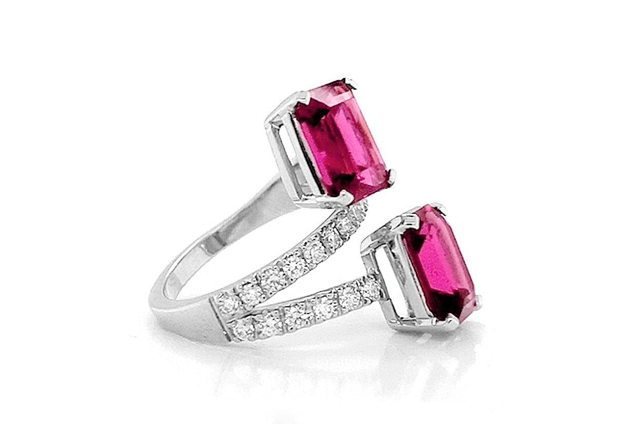 18kt White Gold You & Me Ring with 2 Emerald Cut Purple Garnet 6.48 carats and 27 Diamonds 1.70 carats.

Perfect gift for Christmas, Mom, Girlfriend, Daughter, Graduation, Birthday and more.