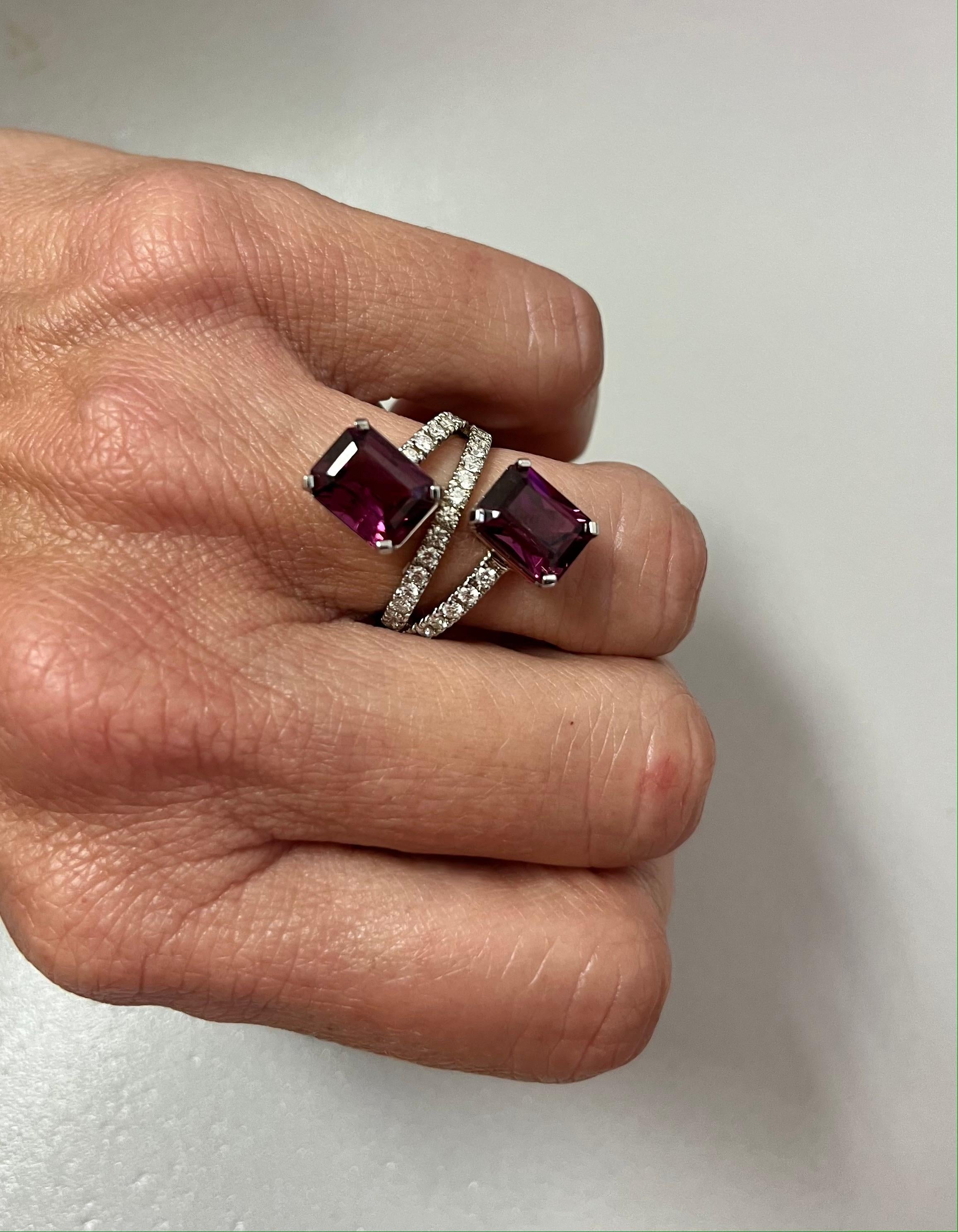 Emerald Cut Ring 18kt Gold Purple Garnet & Pave Diamonds For Sale