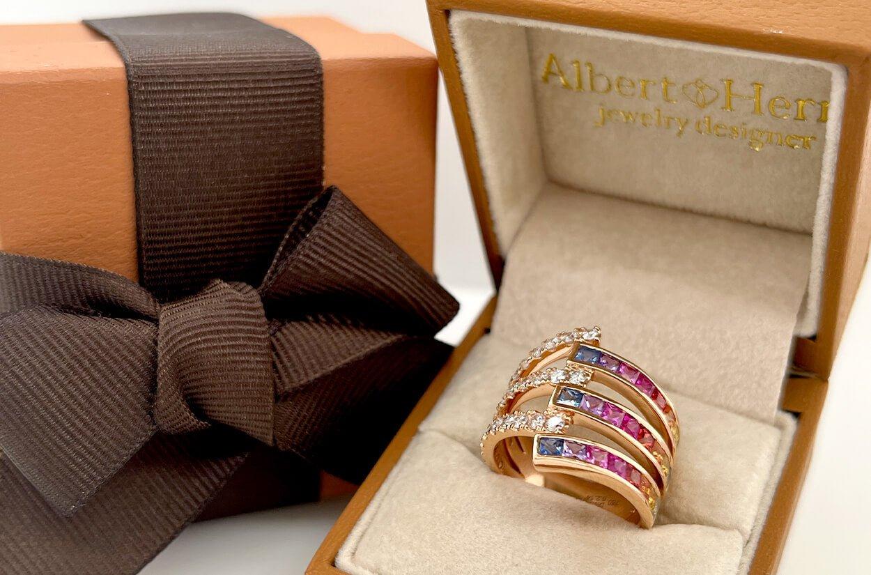 Contemporary Ring 18kt Gold Wrap Rainbow Square Sapphires 2.14 cts. & Diamonds 0.79 cts. For Sale