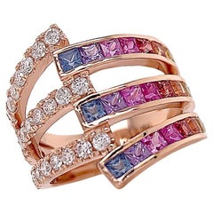 Ring 18kt Gold Wrap Rainbow Square Sapphires 2.14 cts. & Diamonds 0.79 cts.