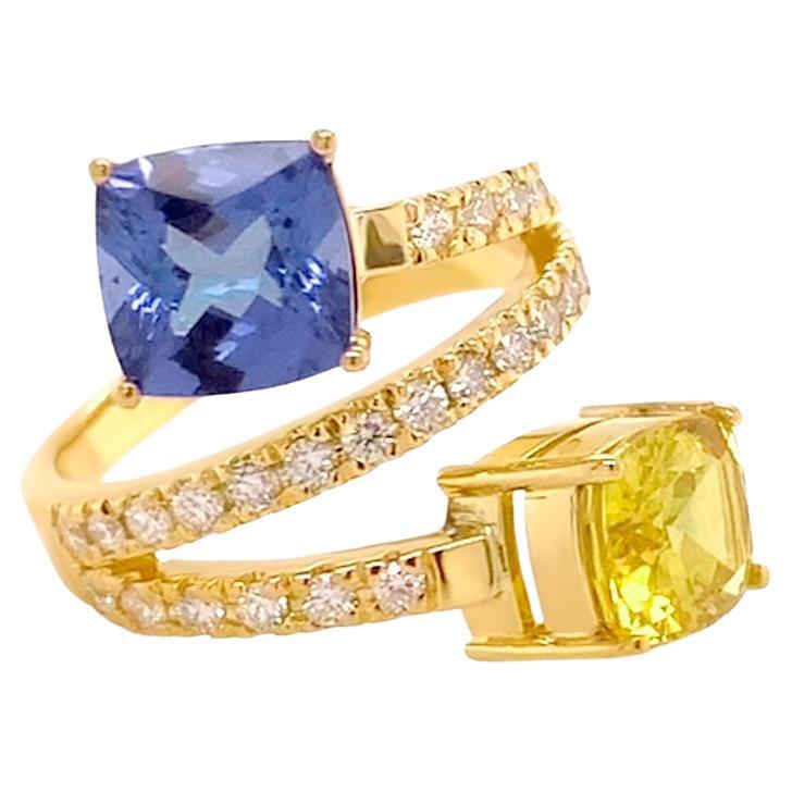 Ring 18kt Gold "You and Me" Tanzanite 1.59 cts Sapp 2.23 cts & Diamonds 0.47 cts For Sale