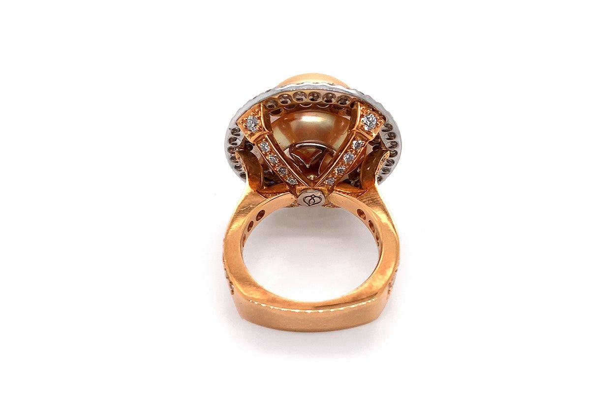 Contemporary Ring 18kt Rose Gold, Pearl 15.7 mm, Sapphires 1.04 cts. & Diamonds 2.13 cts. For Sale