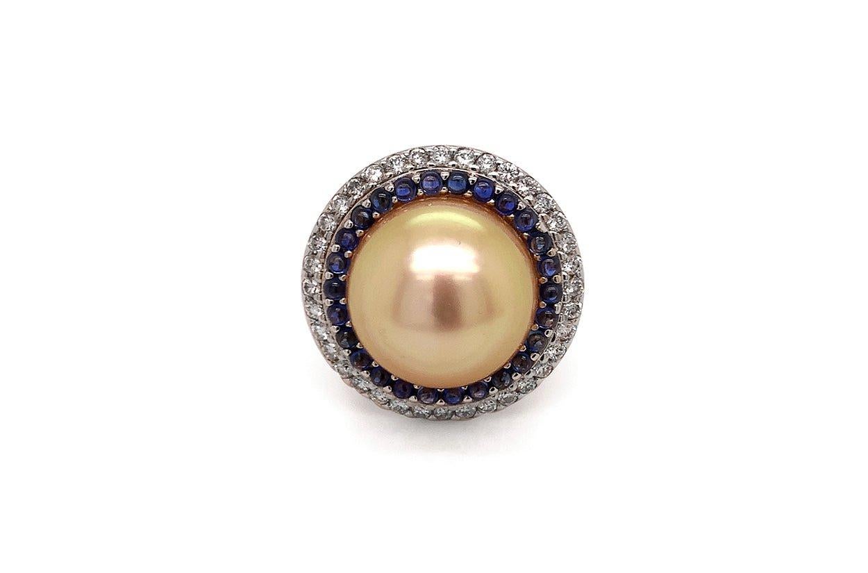 Round Cut Ring 18kt Rose Gold, Pearl 15.7 mm, Sapphires 1.04 cts. & Diamonds 2.13 cts. For Sale