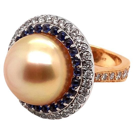 Ring 18kt Rose Gold, Pearl 15.7 mm, Sapphires 1.04 cts. & Diamonds 2.13 cts. For Sale