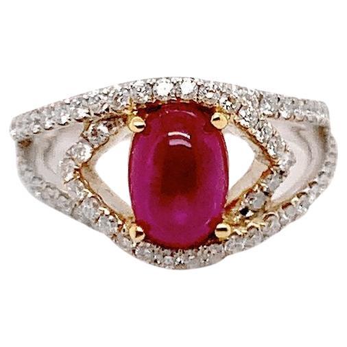 Ring 18kt White Gold gem quality  Ruby Cabochon & Diamonds For Sale