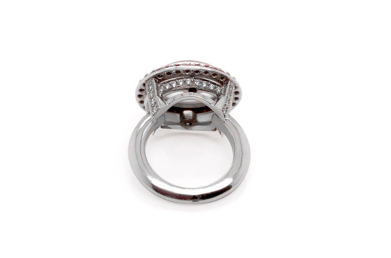 Contemporary Ring 18kt White Gold Pink Quartz, Sapphires and Diamonds For Sale