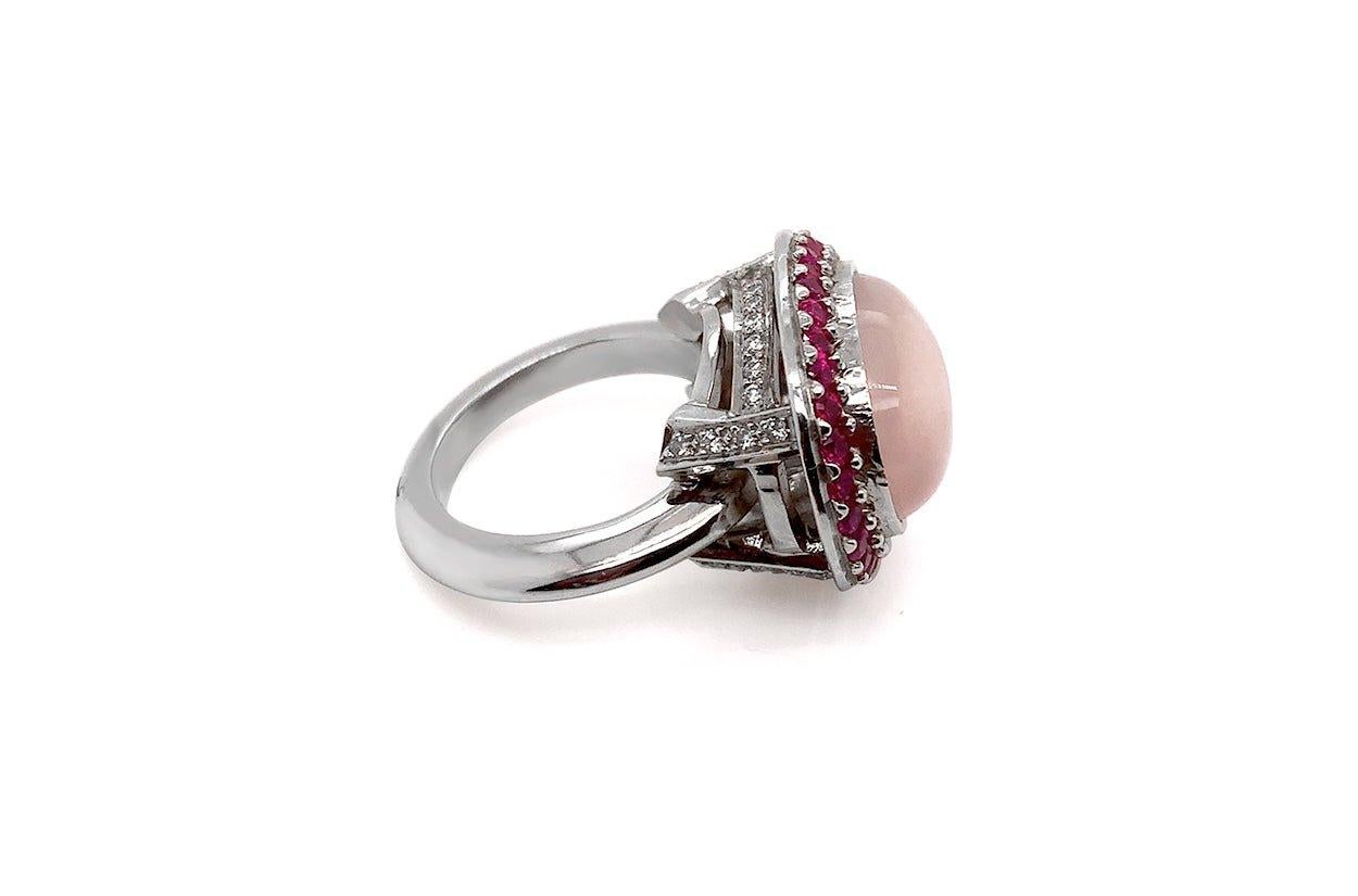 Cabochon Ring 18kt White Gold Pink Quartz, Sapphires and Diamonds For Sale