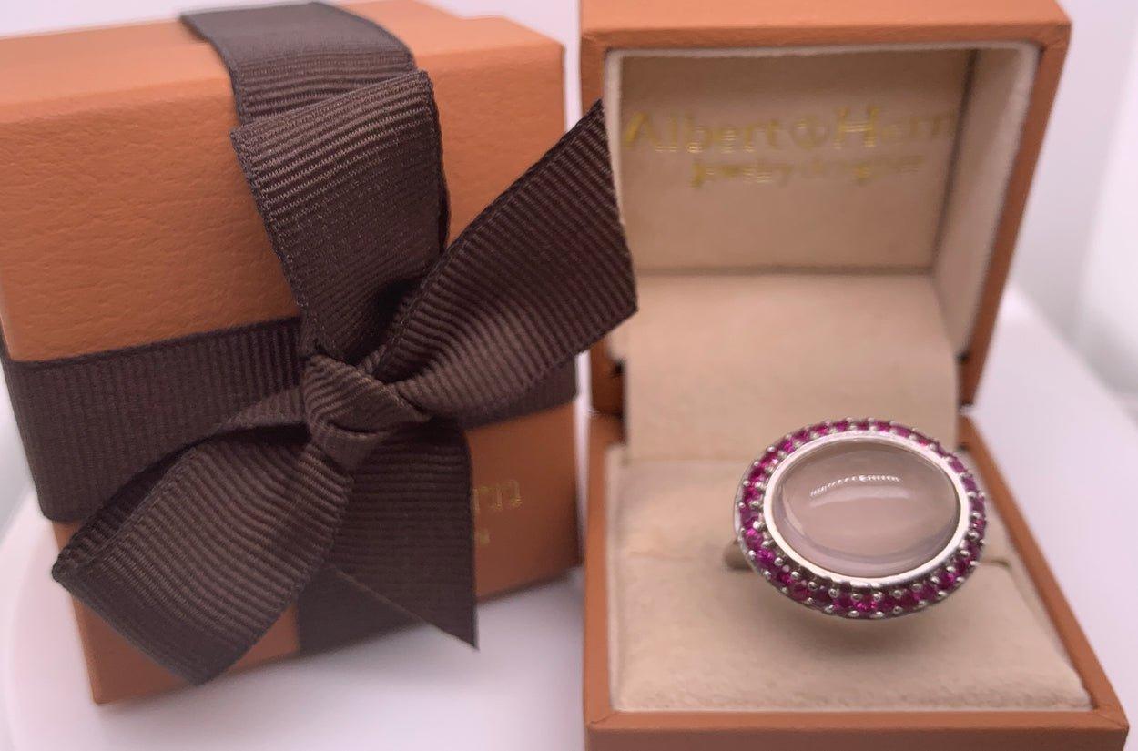 Women's Ring 18kt White Gold Pink Quartz, Sapphires and Diamonds For Sale