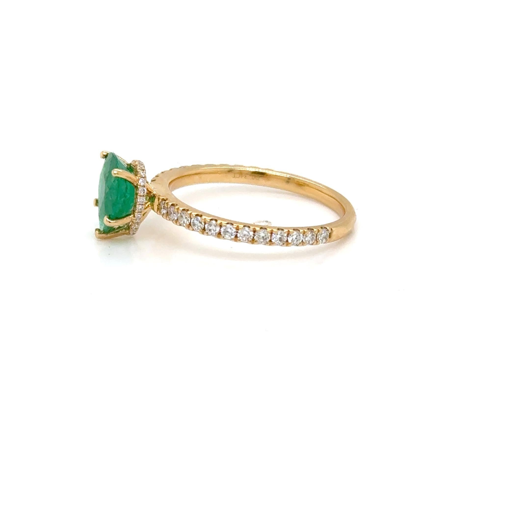 Crafted from 18kt Yellow Gold, the magnificent Engagement Ring comes enriched with one Pear Emerald 0.96 carats and diamonds 0.34 carats. Size 6.5

Every single Wedding Ring is handcrafted by our professional jewelry makers in USA. Rest assured that