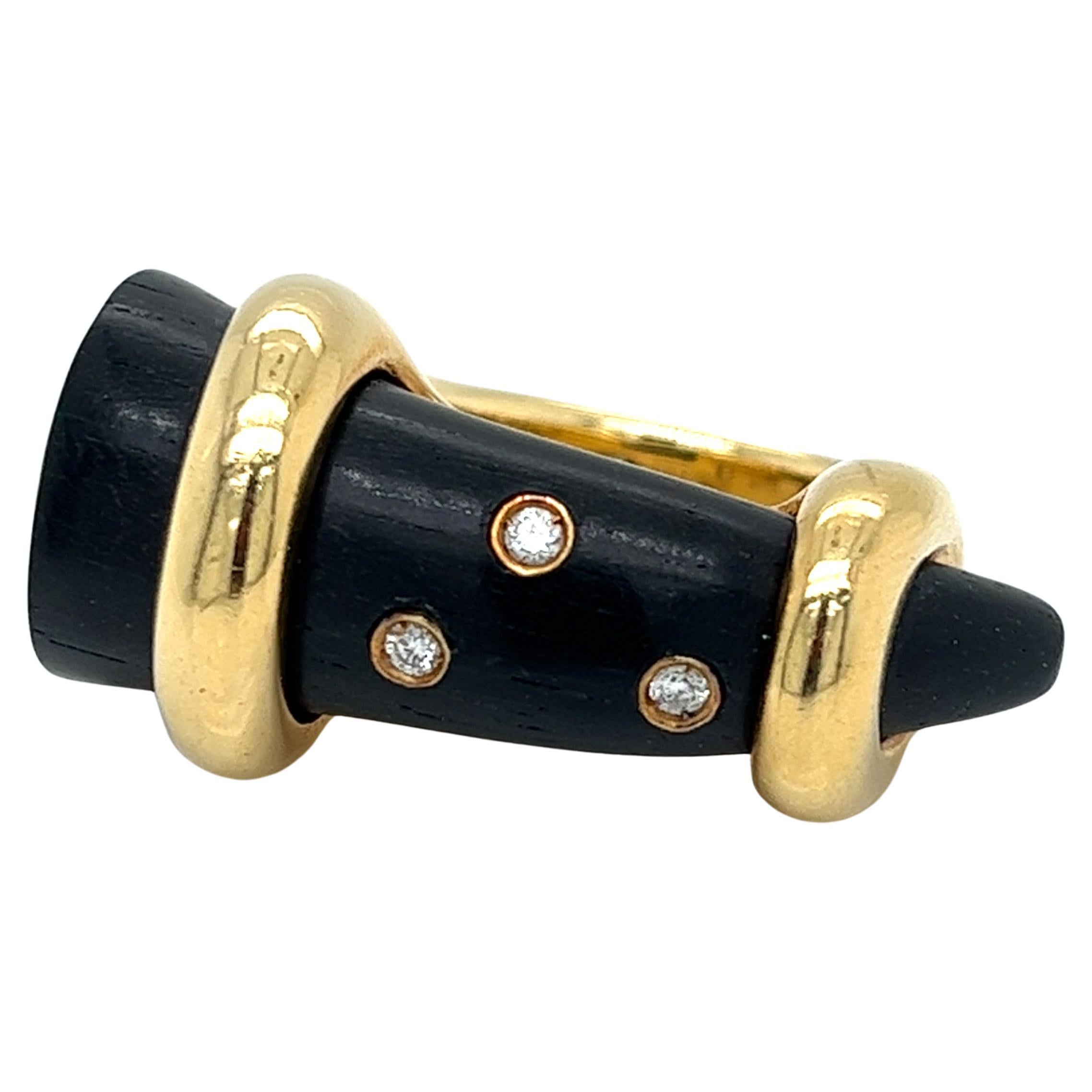 Ring 18Kt Yellow Gold, wood and Diamonds Italy Oromalia designer 