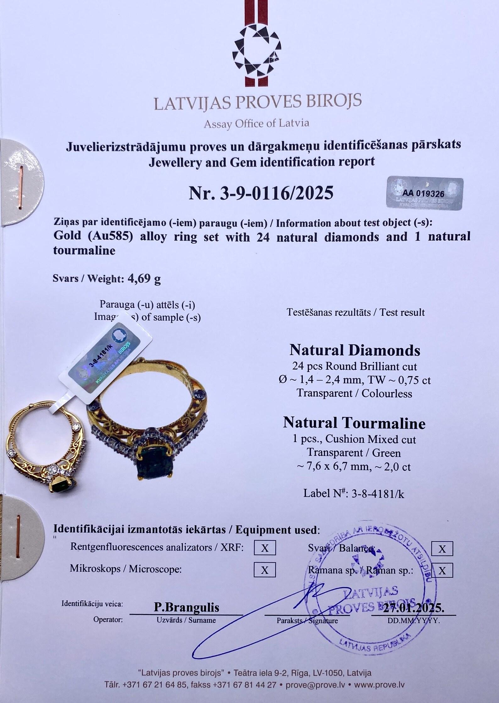 Ring 2 Karat, Turmalin und Diamanten natürlicher Edelstein, 14 Karat Gelbgold, 7US im Zustand „Neu“ im Angebot in Daugavpils, LV