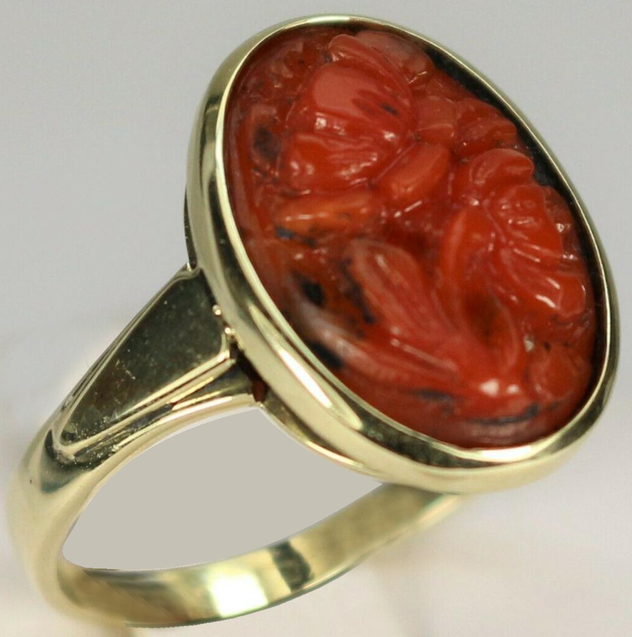 Ring 585 Gold Carved Coral, Breakthrough Decoration with Lotus Flowers For Sale 1