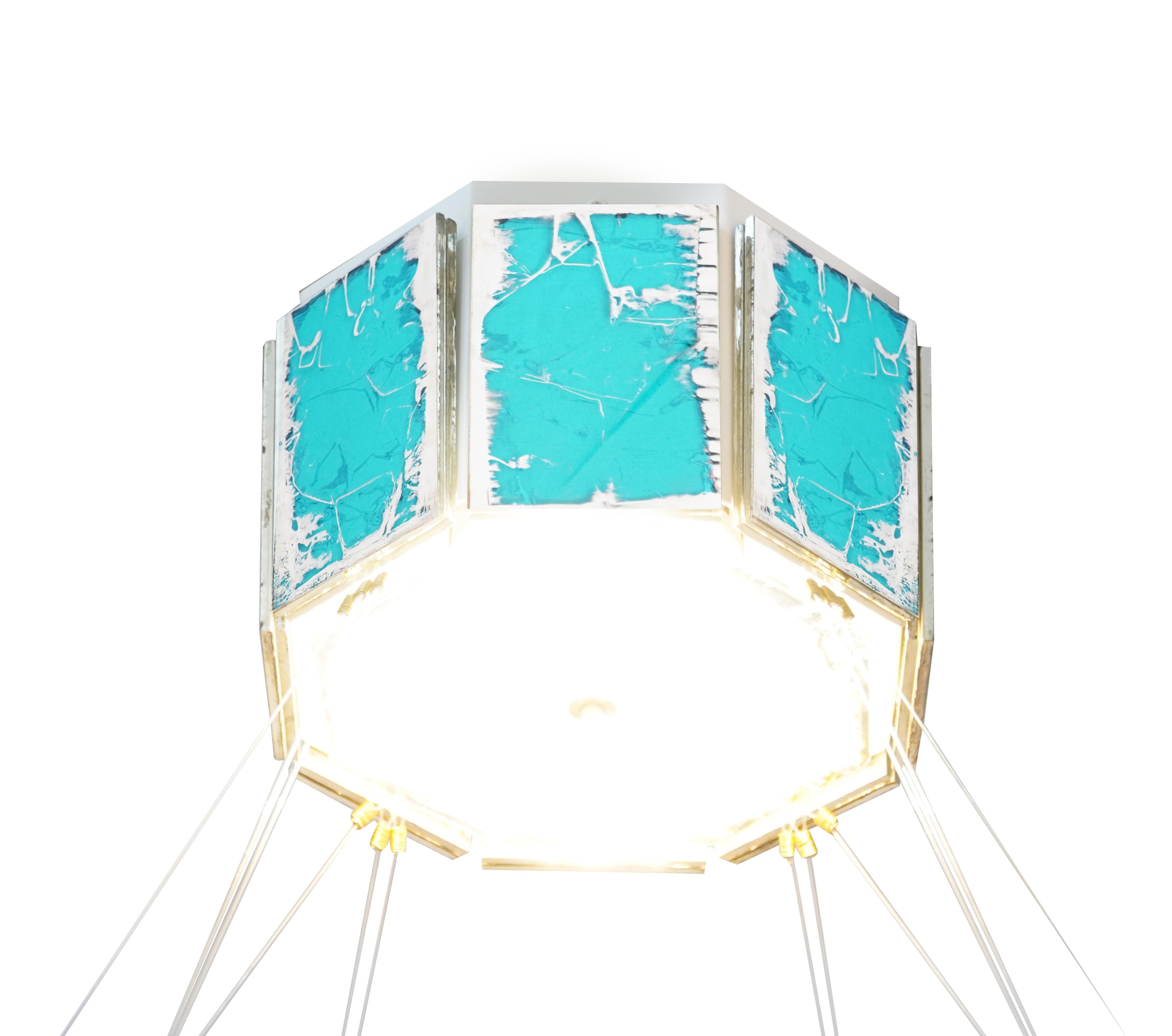 Modern Ring 80 Contemporary Pendant Lamp, Aquamarine Art Silvered Glass  For Sale