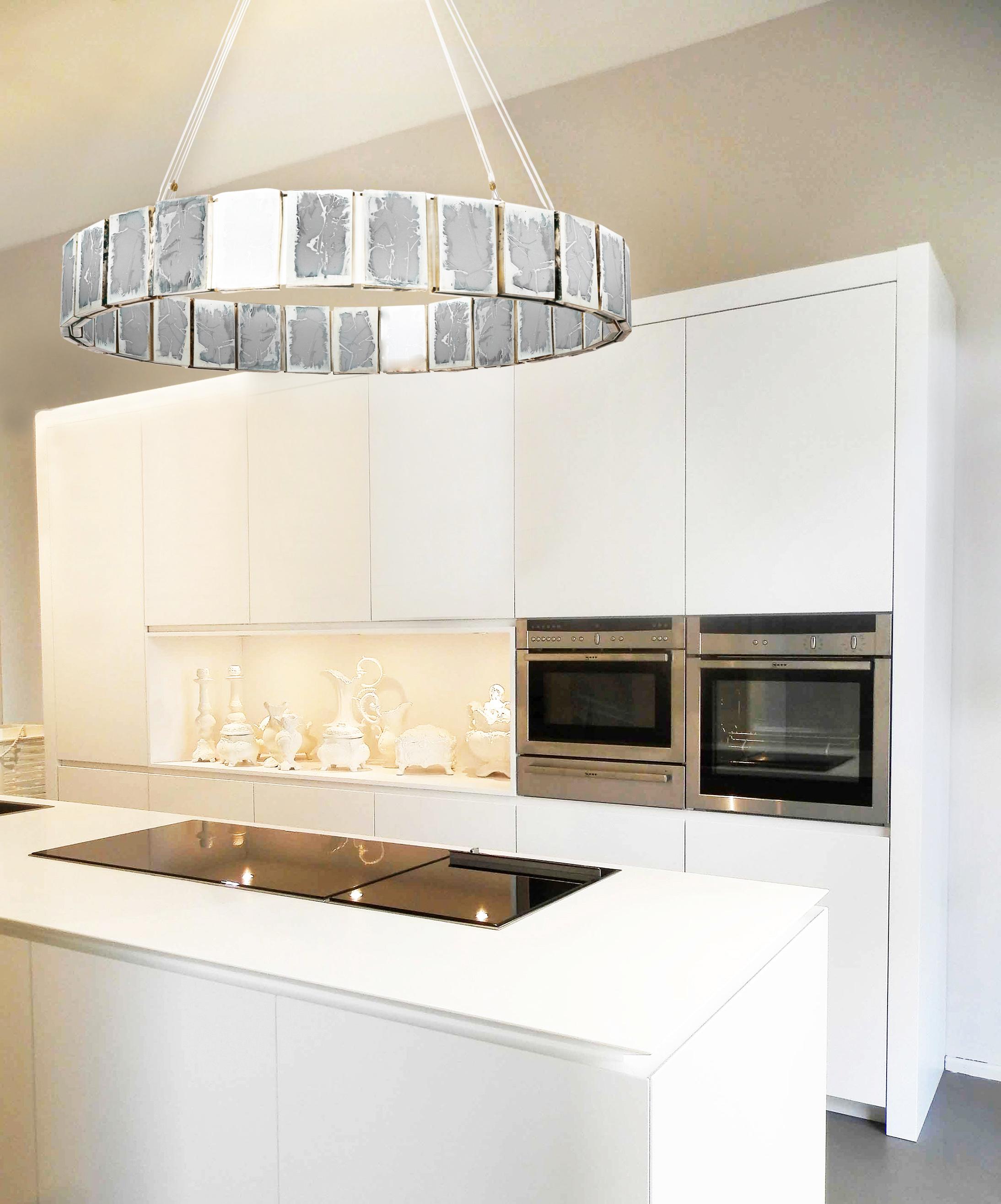 Ring 80 Contemporary Pendant Lamp, White Art Glass Silvered For Sale 5
