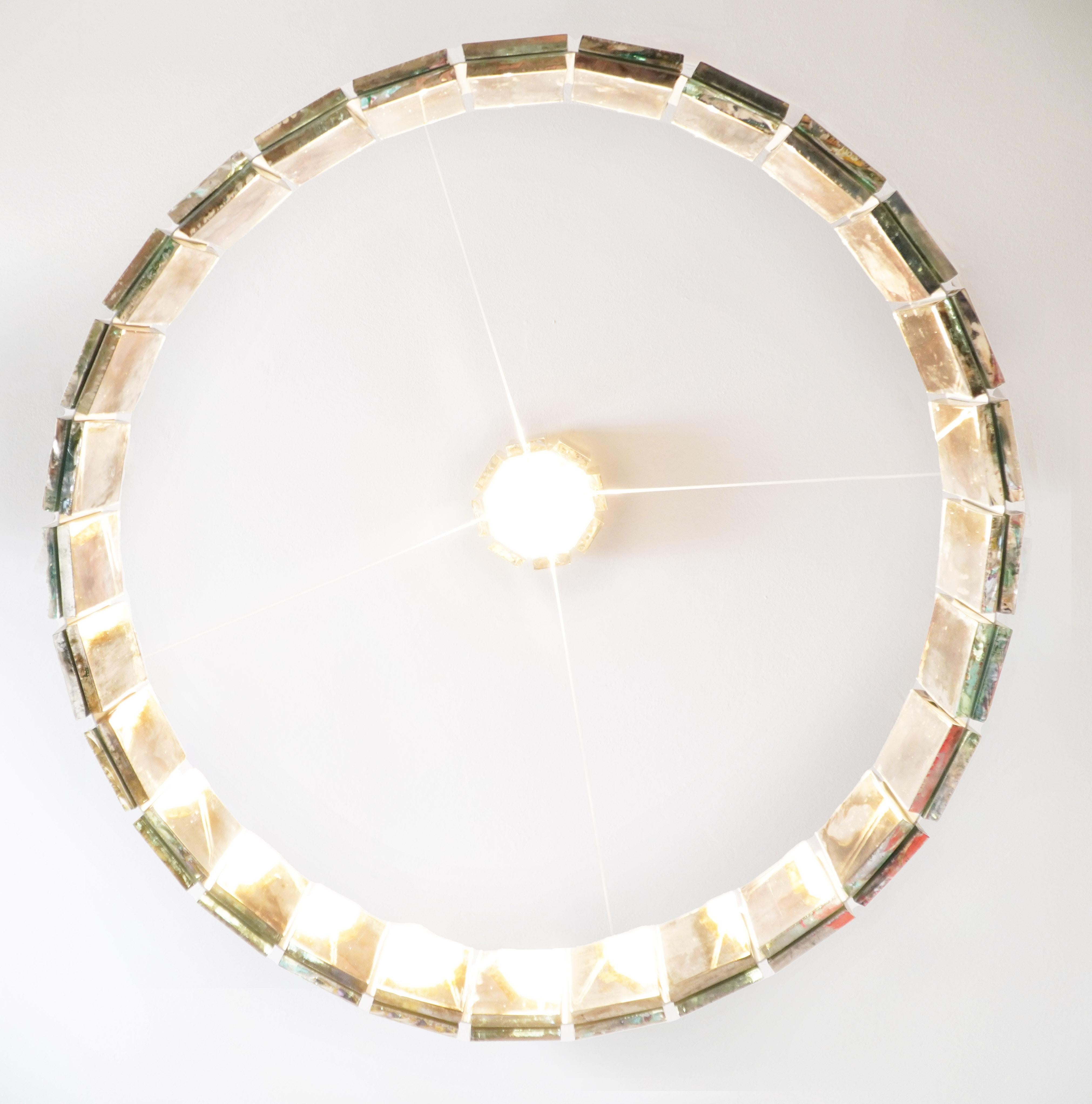Metal Ring 80 Contemporary Pendant Lamp, White Art Glass Silvered For Sale
