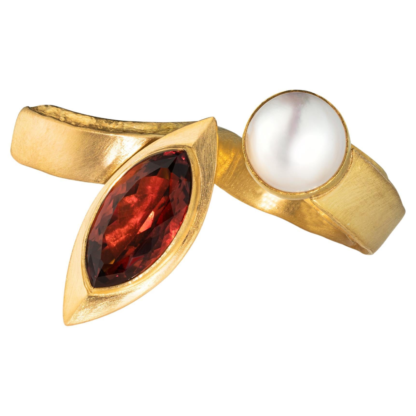 Ring 999 Fine Gold Madeira Citrine Mabée Pearl by Marc Wilpert For Sale