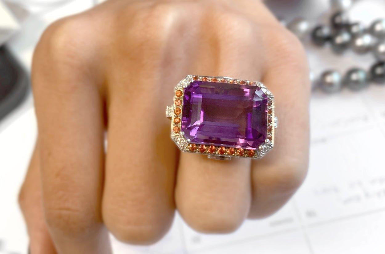 Contemporary Ring Amethyst with Orange Sapphire & Diamonds For Sale