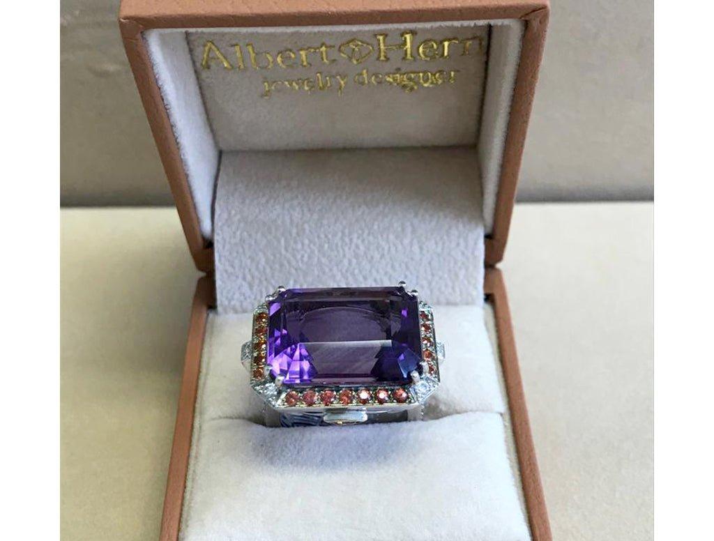 Emerald Cut Ring Amethyst with Orange Sapphire & Diamonds For Sale