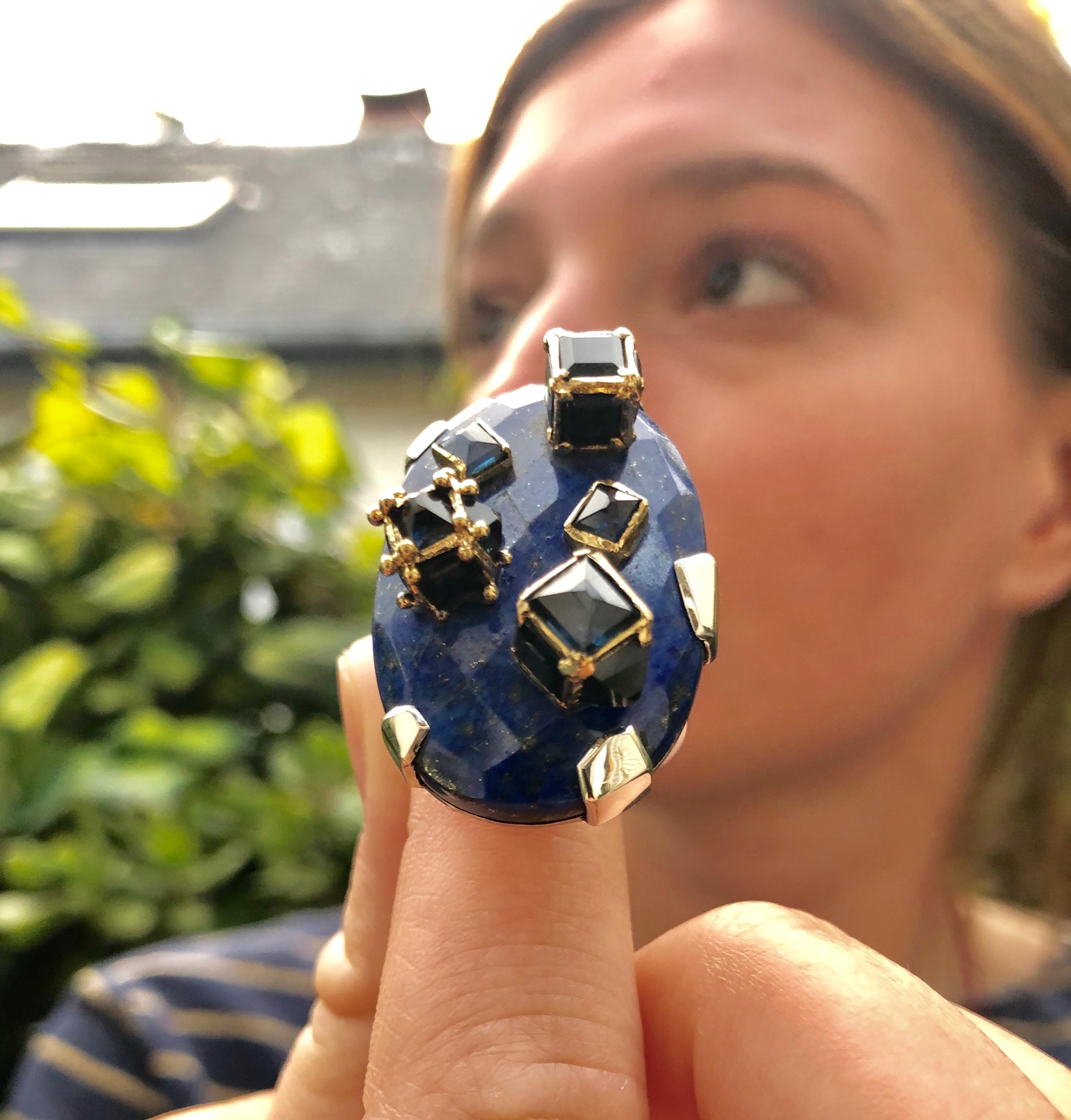 Contemporary Ring Anne Bourat 1 Lapis Lazuli 17 Sapphires Silver Yellow Gold 18K Metric 54 For Sale