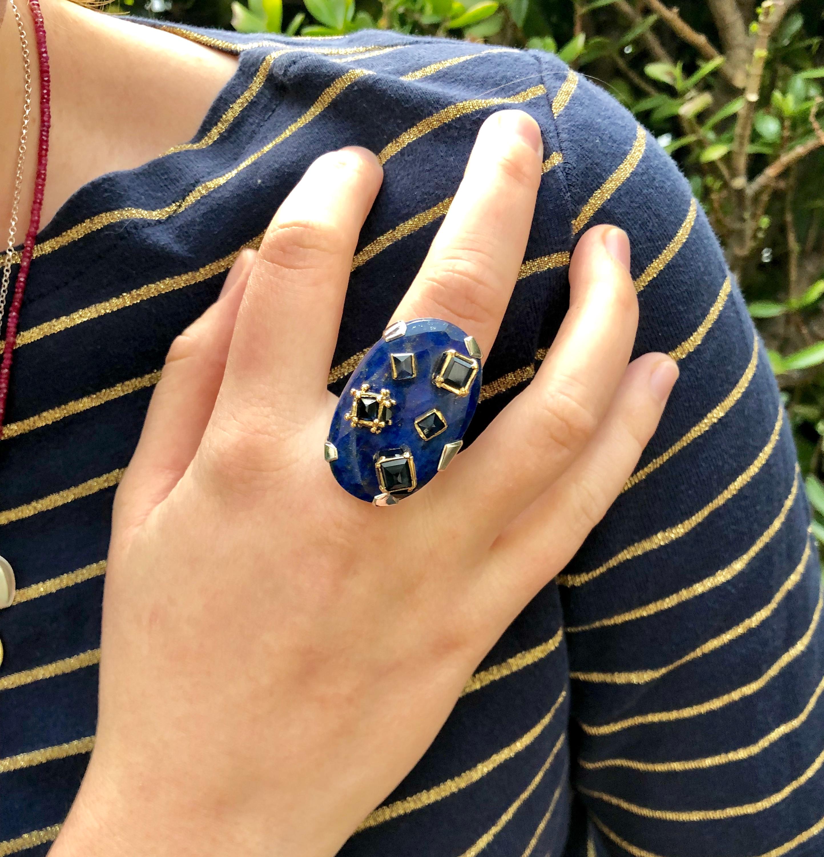 Ring Anne Bourat 1 Lapis Lazuli 17 Sapphires Silver Yellow Gold 18K Metric 54 In New Condition For Sale In Paris, Île de France