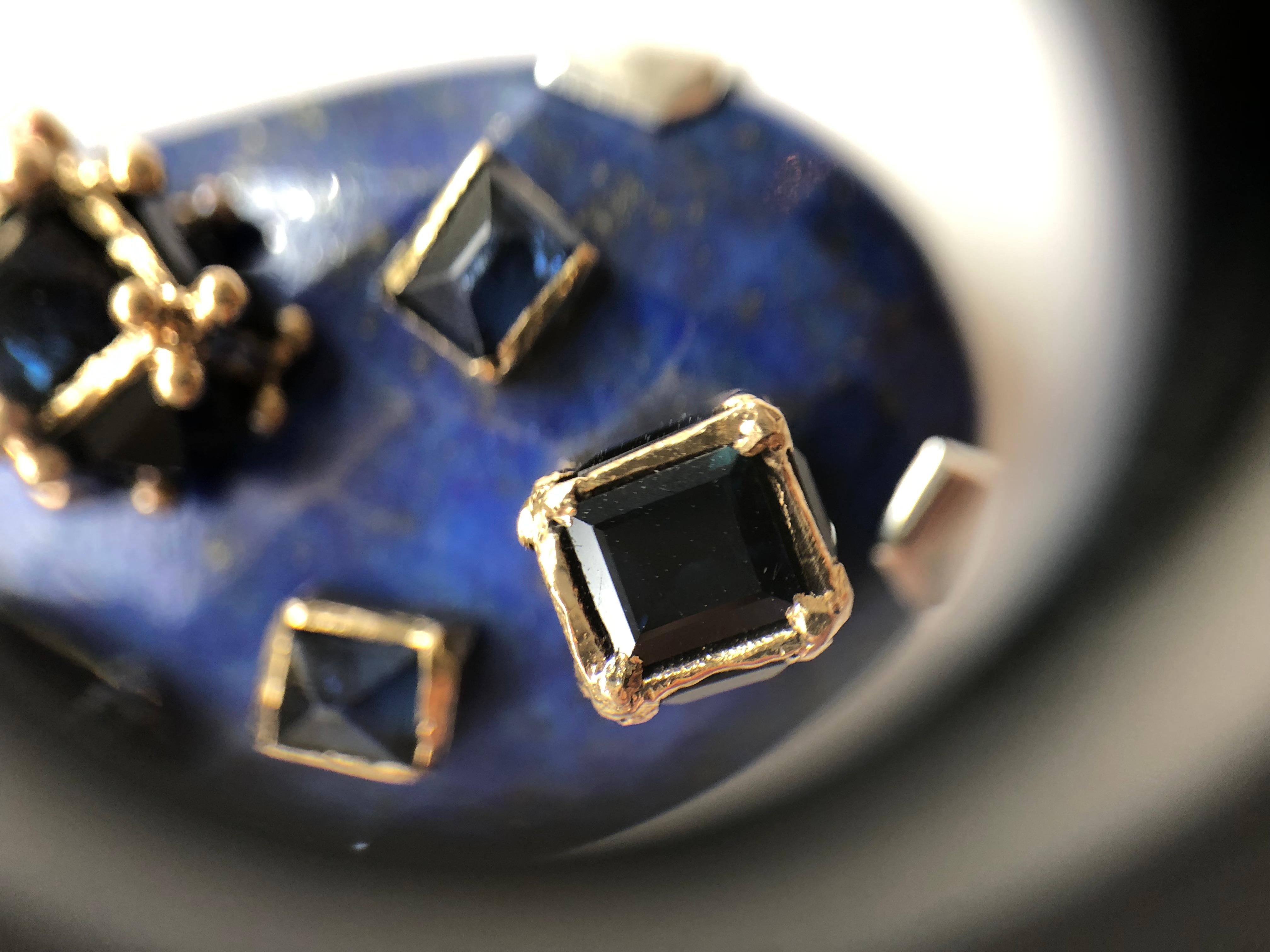 Women's or Men's Ring Anne Bourat 1 Lapis Lazuli 17 Sapphires Silver Yellow Gold 18K Metric 54 For Sale