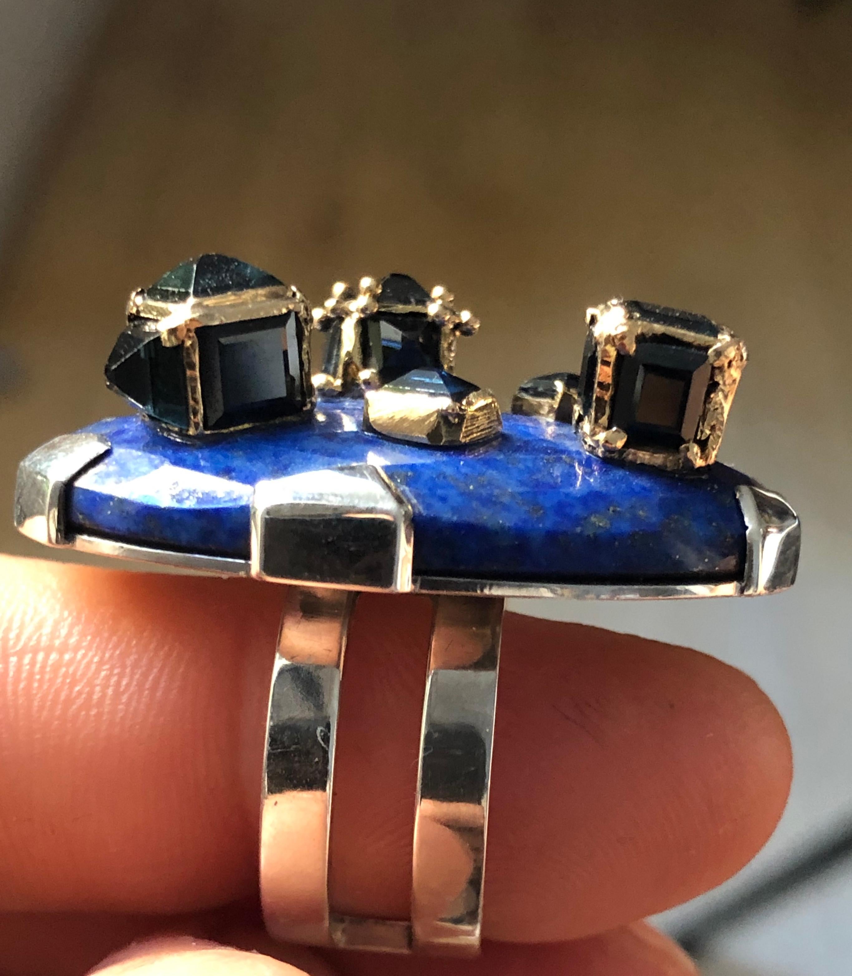 Ring Anne Bourat 1 Lapis Lazuli 17 Sapphires Silver Yellow Gold 18K Metric 54 For Sale 3