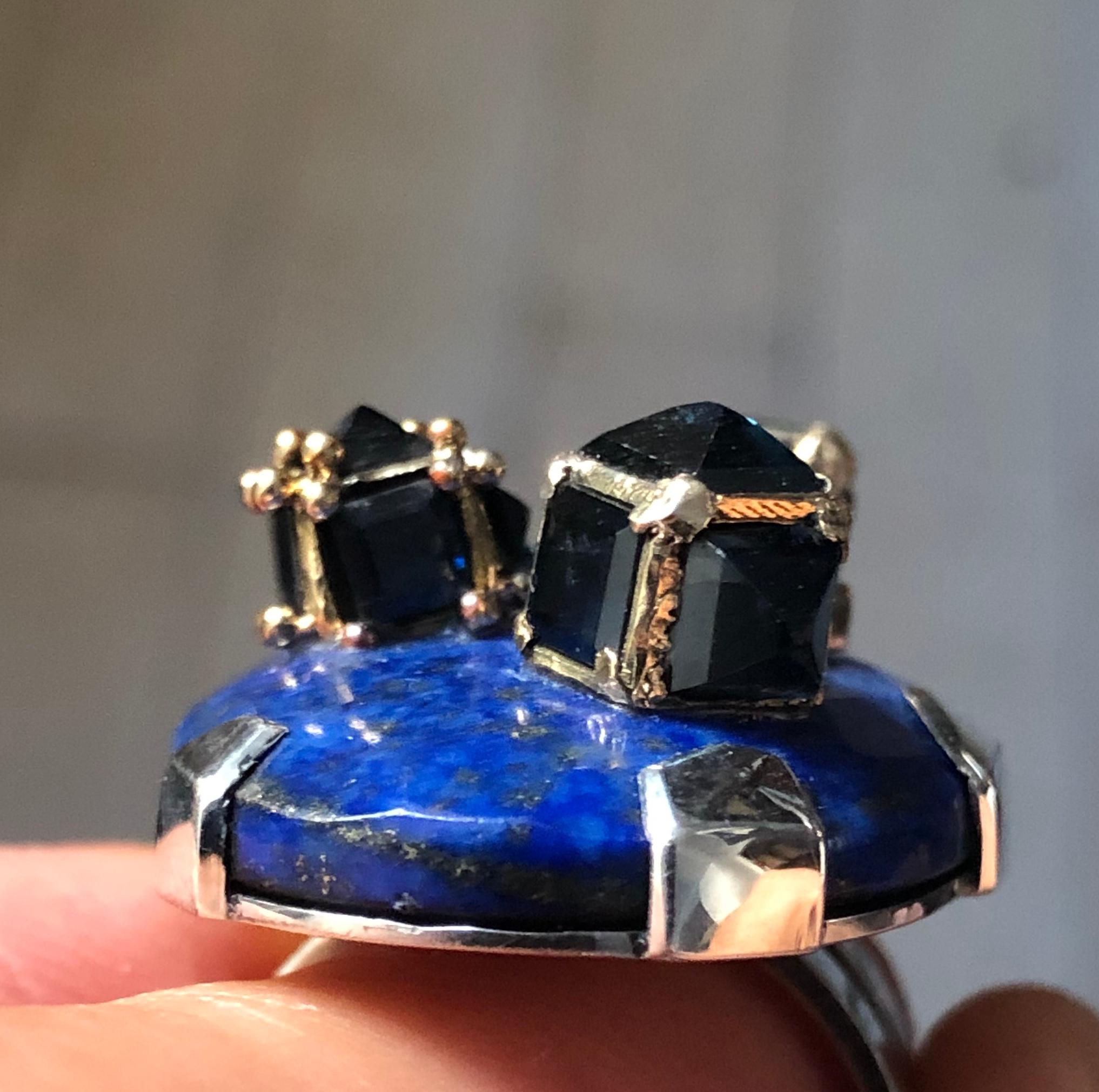 Ring Anne Bourat 1 Lapis Lazuli 17 Sapphires Silver Yellow Gold 18K Metric 54 For Sale 4