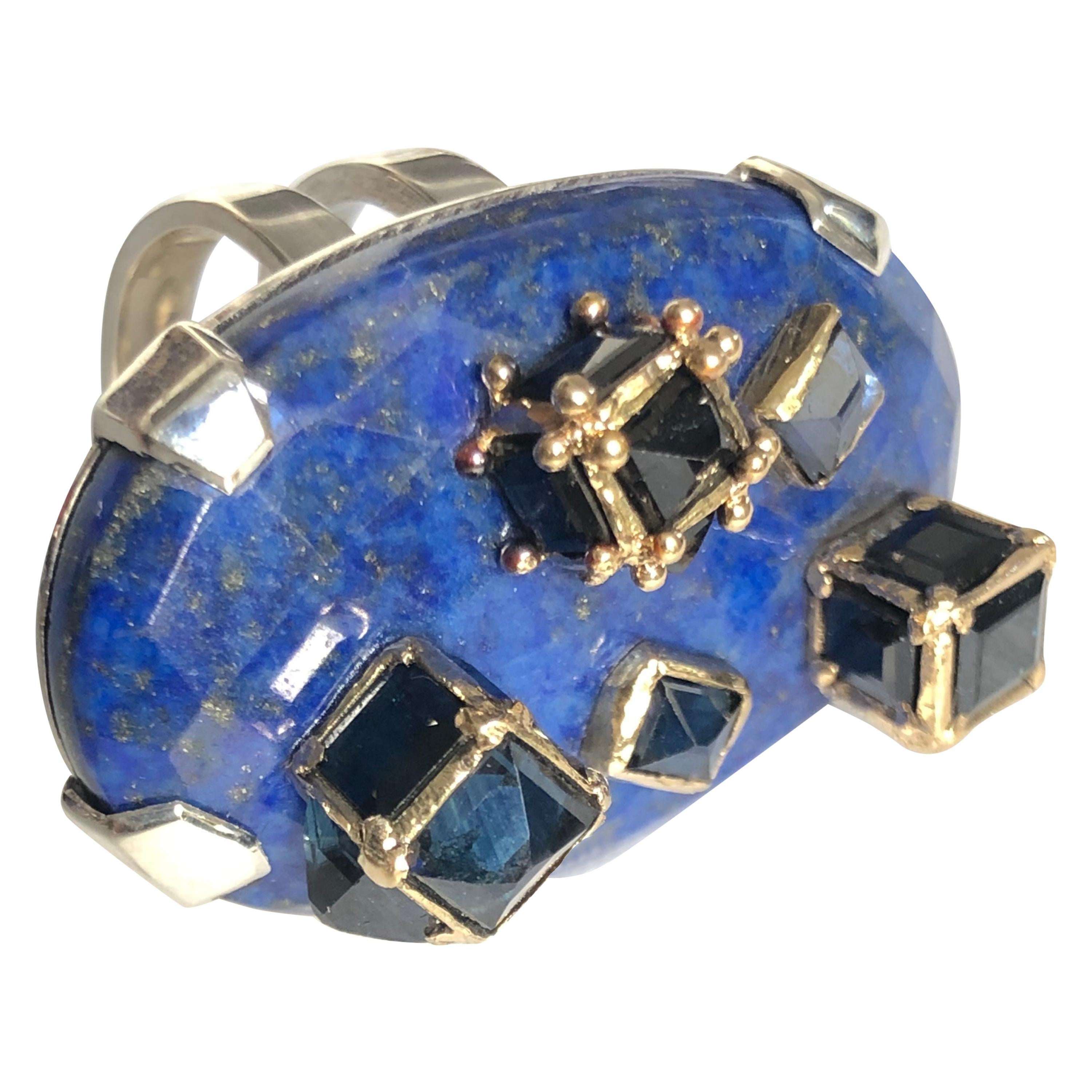 Ring Anne Bourat 1 Lapis Lazuli 17 Sapphires Silver Yellow Gold 18K Metric 54 For Sale