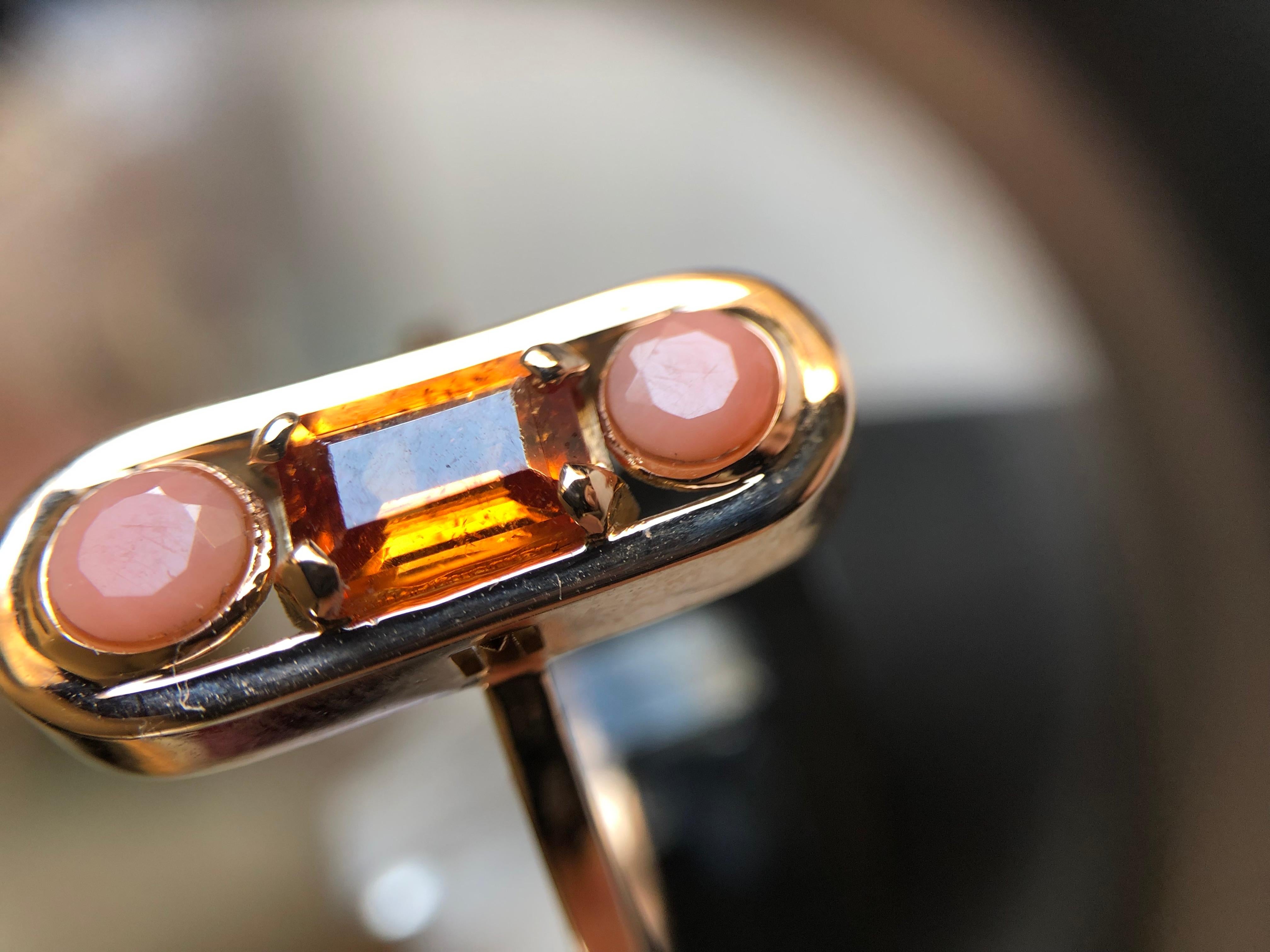 Ring Anne Bourat 1 Spessartite Garnet 2 Coral Cabochon Pink Gold 18k Metric 51 4