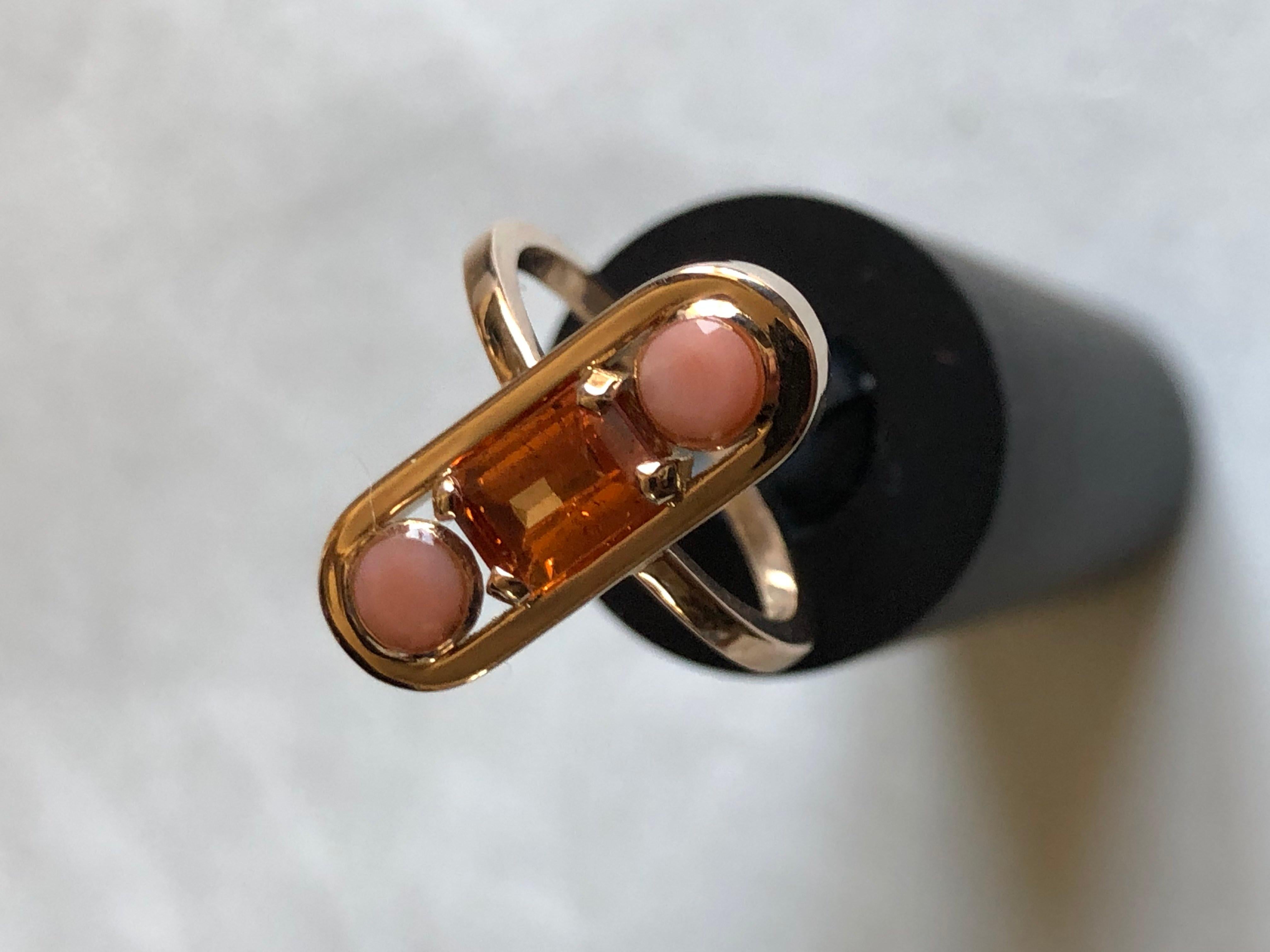 Ring Anne Bourat 1 Spessartite Garnet 2 Coral Cabochon Pink Gold 18k Metric 51 In New Condition In Paris, Île de France