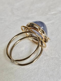 Ring Cabochon Chalcedony and 3 Diamonds White Gold 18 Karat Metric 54