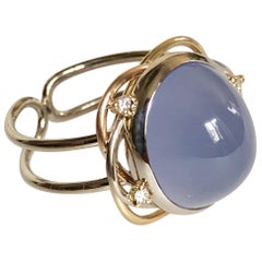 Ring Cabochon Chalcedony and 3 Diamonds White Gold 18 Karat Metric 54