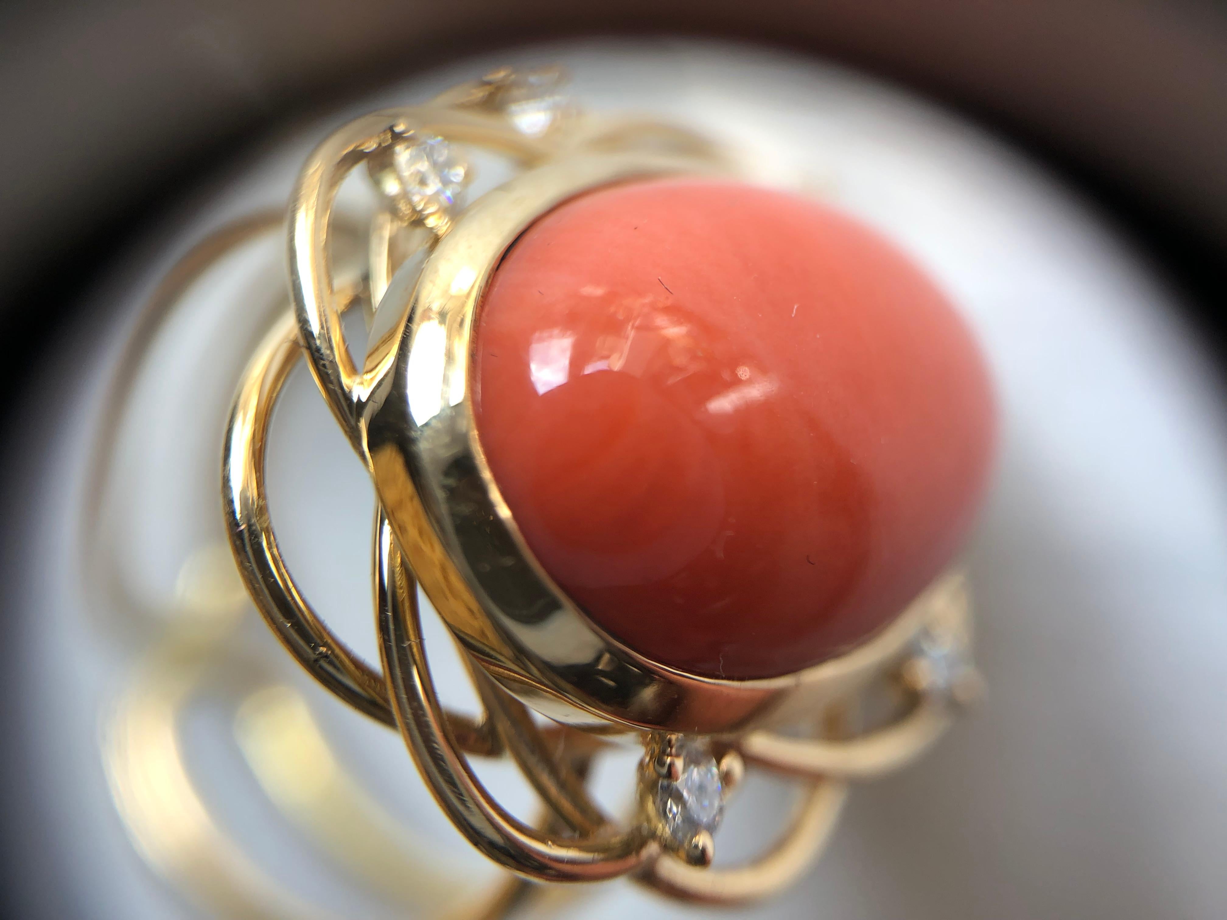 Ring Cabochon Coral and 5 Diamonds Yellow Gold 18 Karat Metric 54 For Sale 5