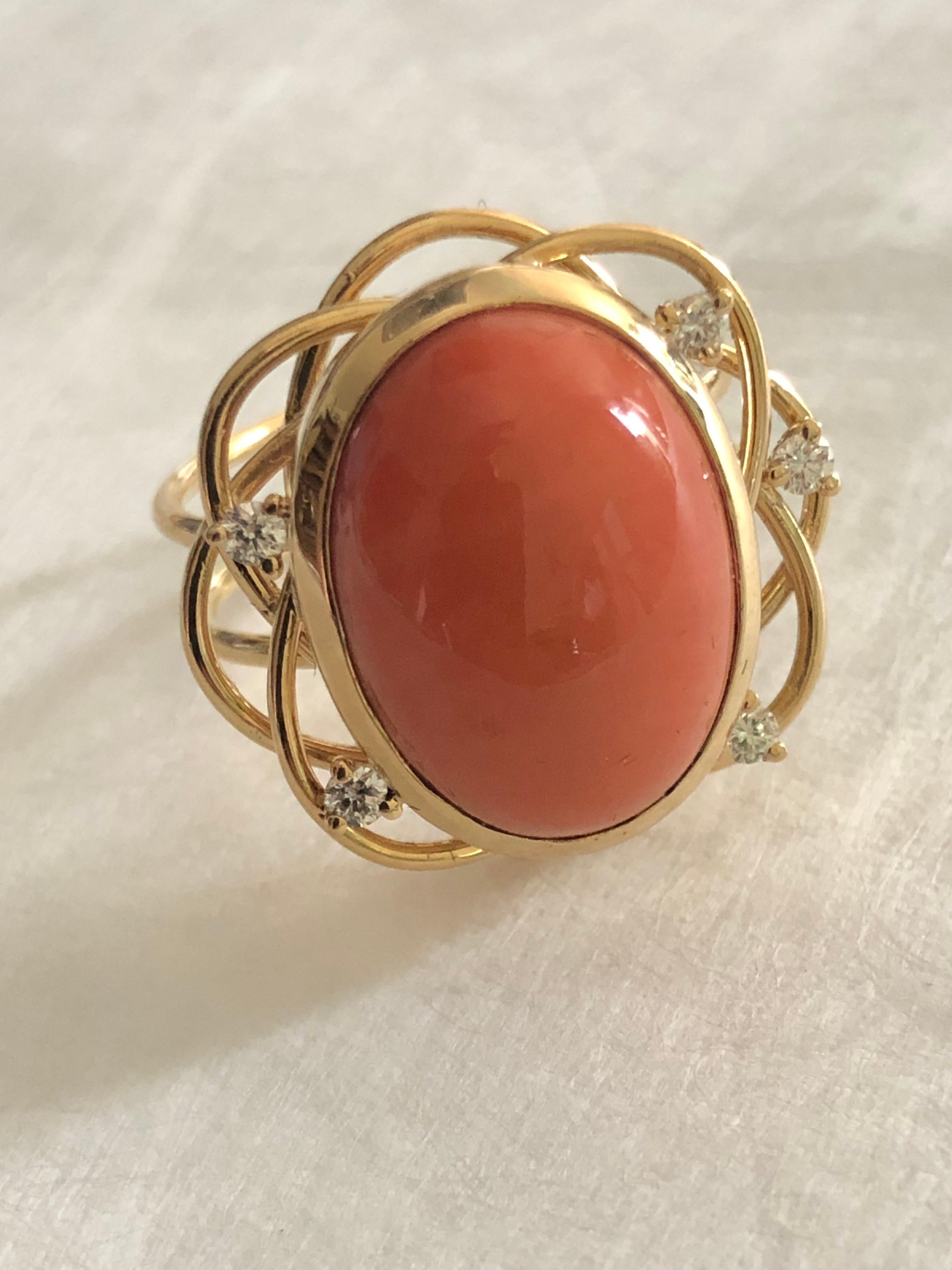 Ring Cabochon Coral and 5 Diamonds Yellow Gold 18 Karat Metric 54 For Sale 6