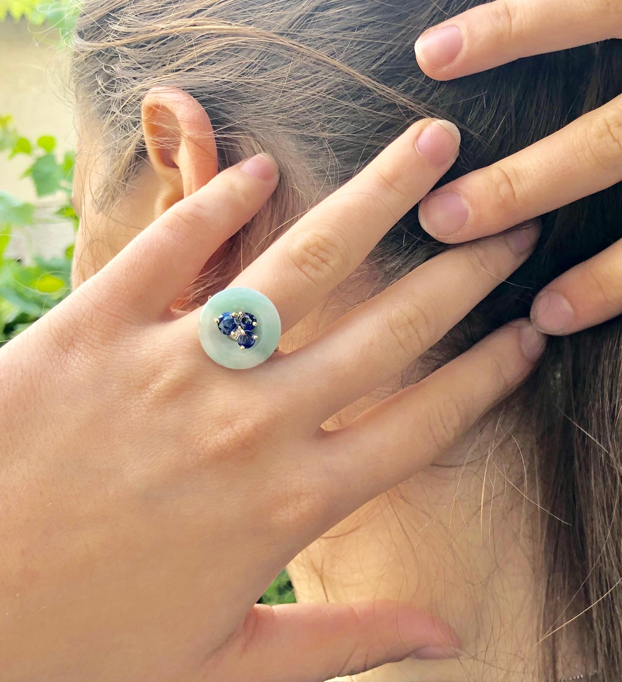 Ring Anne Bourat Donut Jadeïte and 3 Sapphires Silver Yellow Gold 18K Metric 54 In New Condition For Sale In Paris, Île de France