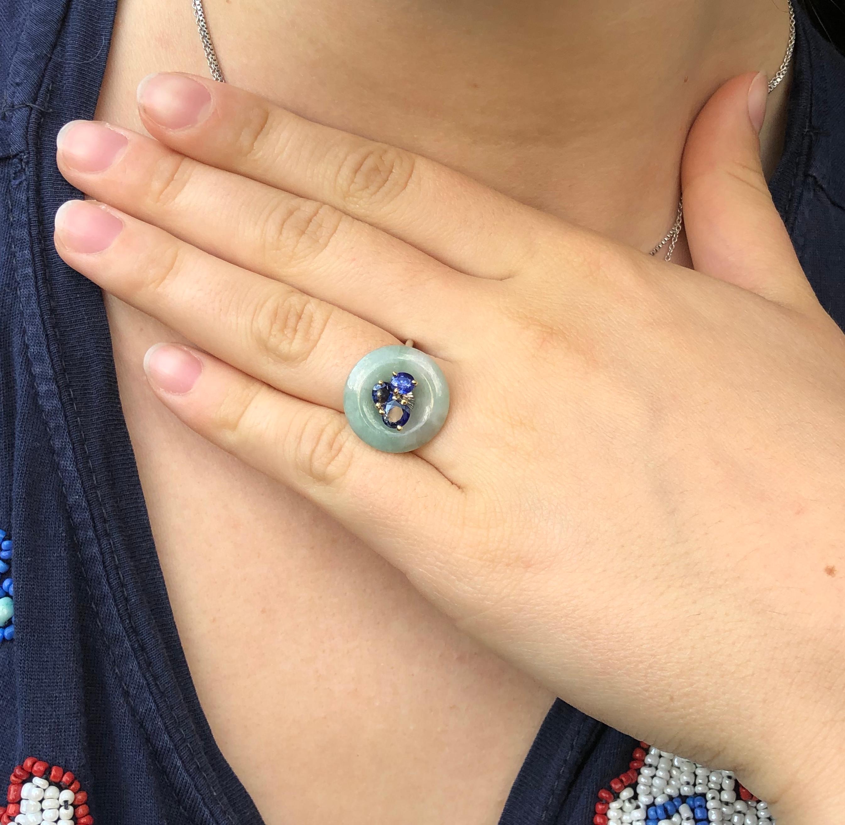 Ring Anne Bourat Donut Jadeïte and 3 Sapphires Silver Yellow Gold 18K Metric 54 For Sale 3