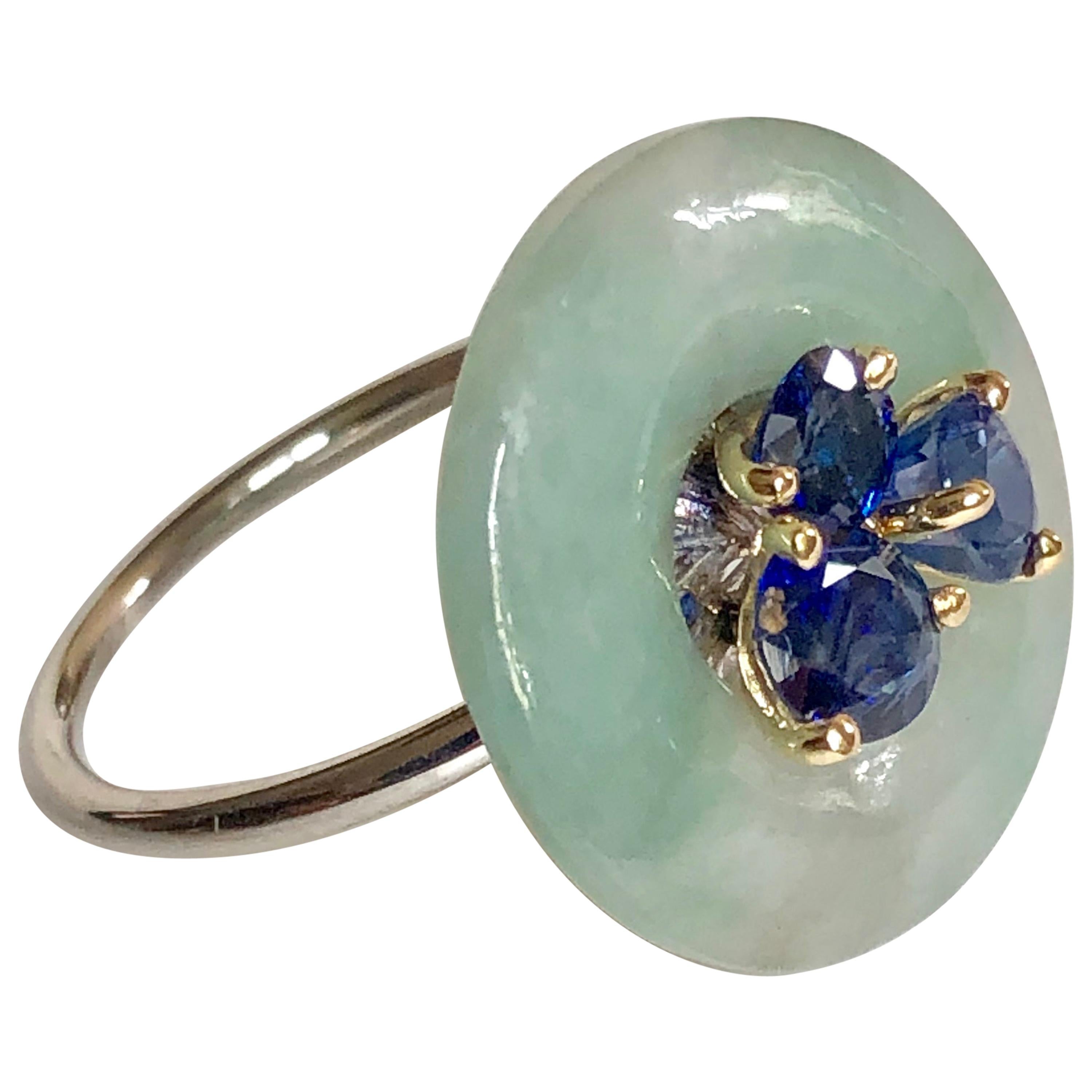 Ring Anne Bourat Donut Jadeïte and 3 Sapphires Silver Yellow Gold 18K Metric 54 For Sale