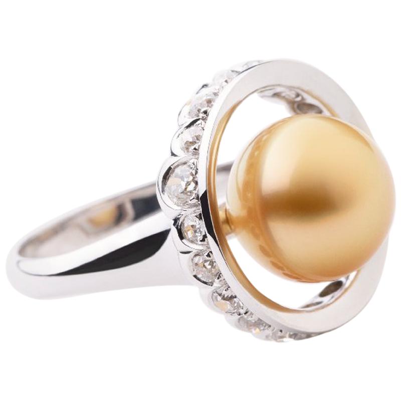 Ring Anne Bourat  One Gold Pearl  19 Diamonds 0, 96 cts  White Gold Mount 18K For Sale
