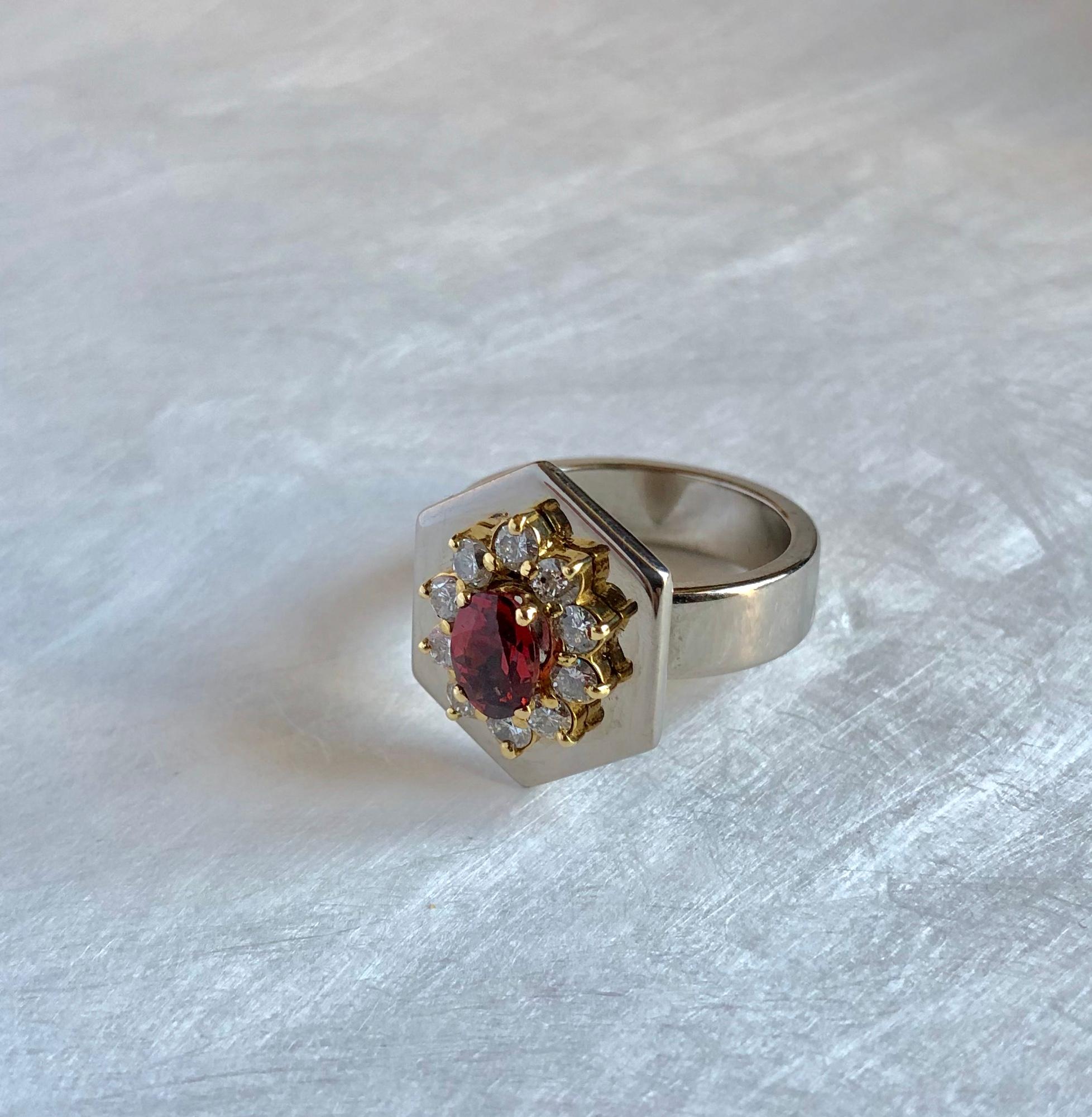 Ring Anne Bourat Oval Garnet 10 Brilliant Diamonds White Gold 18k Hexagon Shape For Sale 1