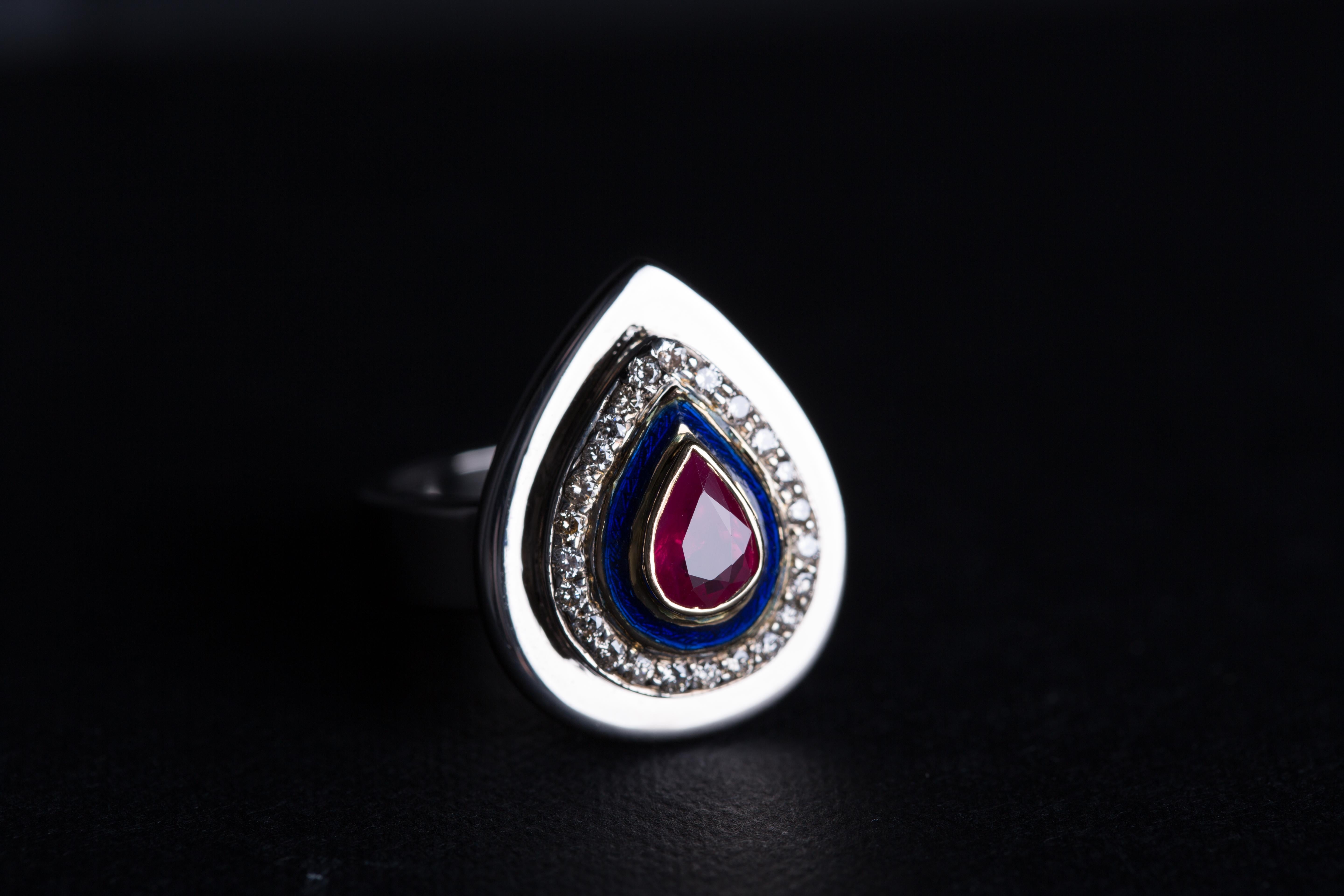 Contemporary Ring Anne Bourat Pear Ruby 24 Diamonds Blue Enamel 17 Grams White Gold Metric 54 For Sale